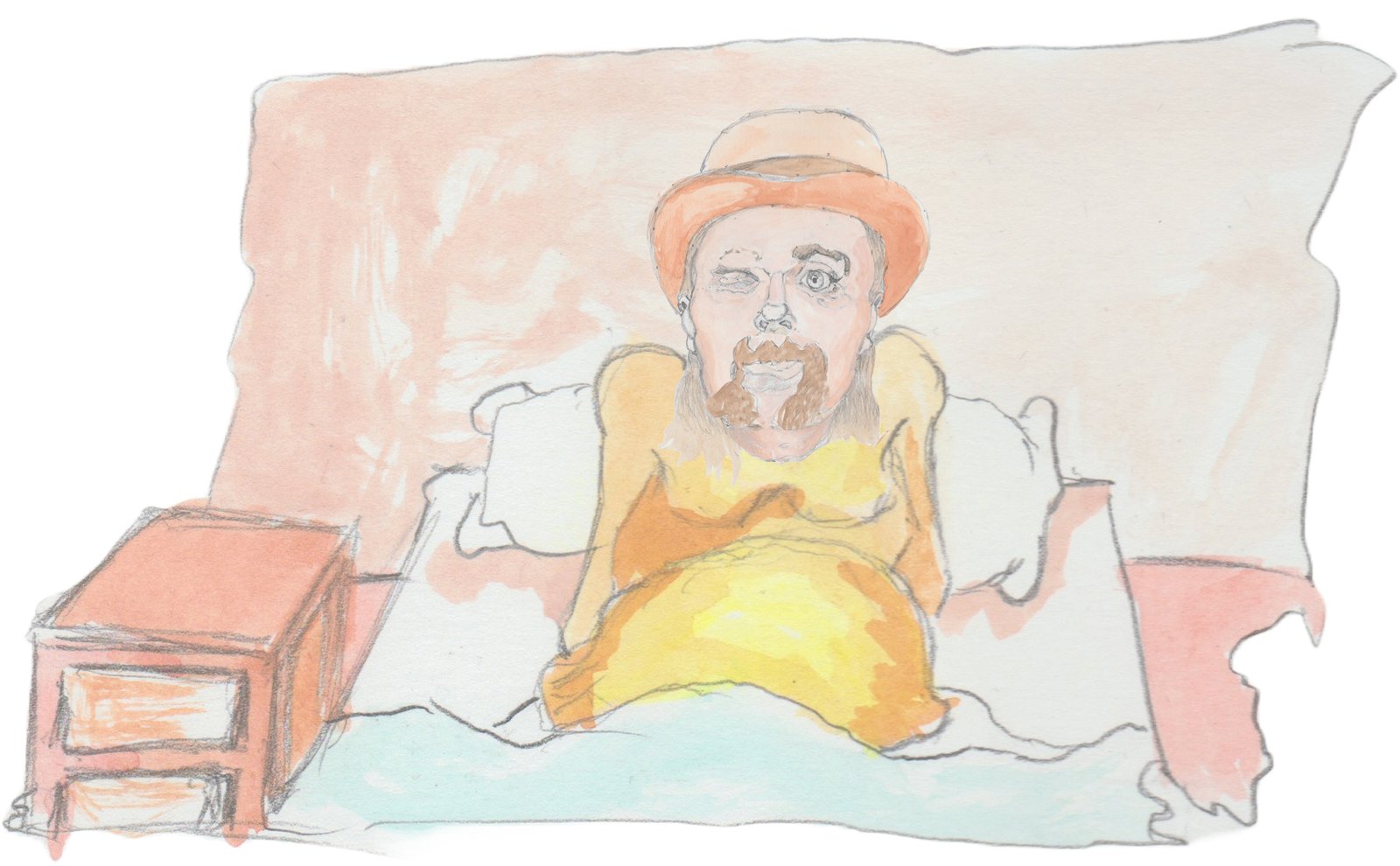 Hulton being woken by the door slamming over and over with one eye open with his nightstand to the left.