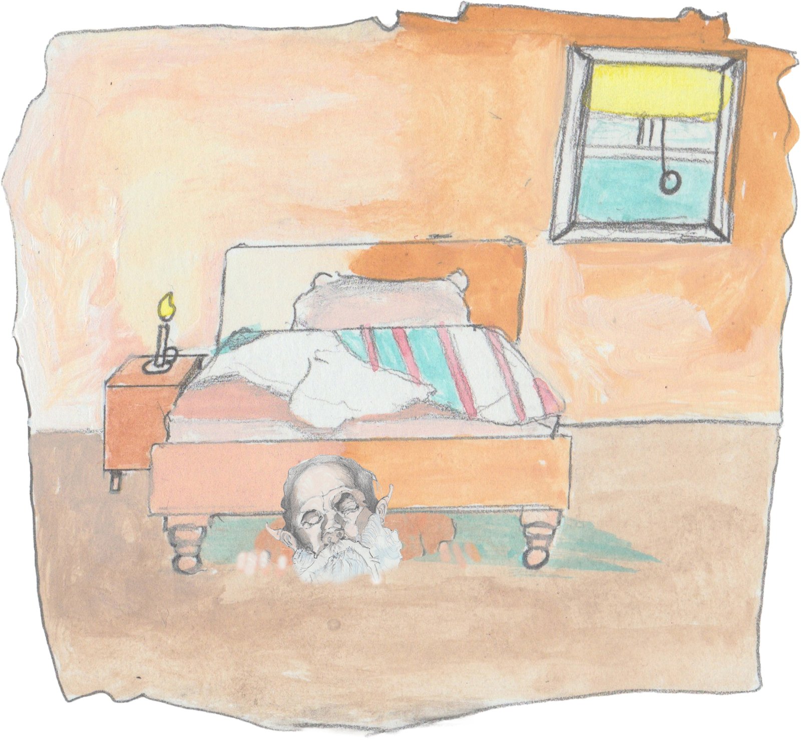 Bowl Swipper looking out from under Hulton's bed with a candle on the nightstand.