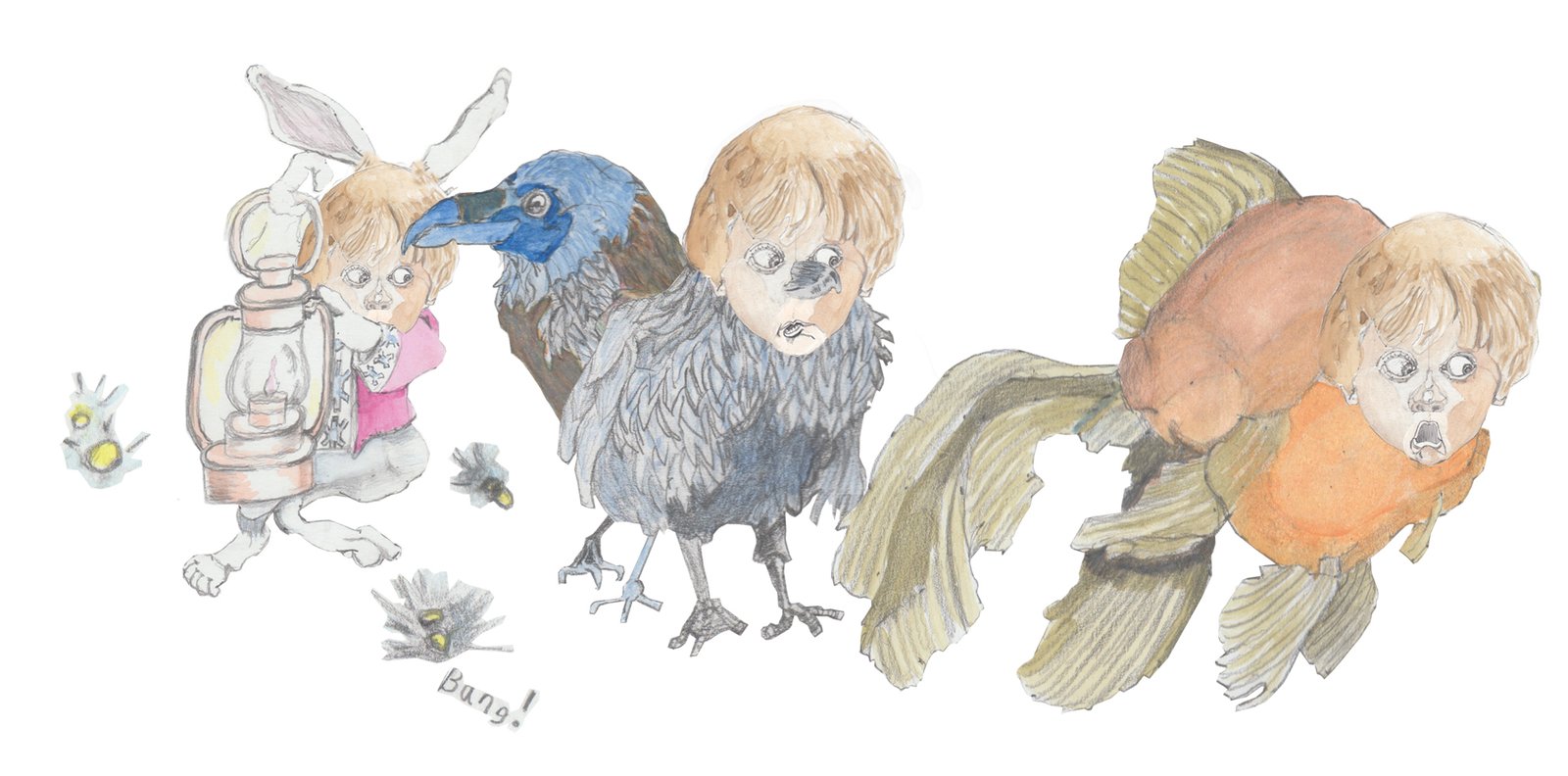 Boy tranforming into a rabbit, a raven, and a fish with hi human face alway remaining.