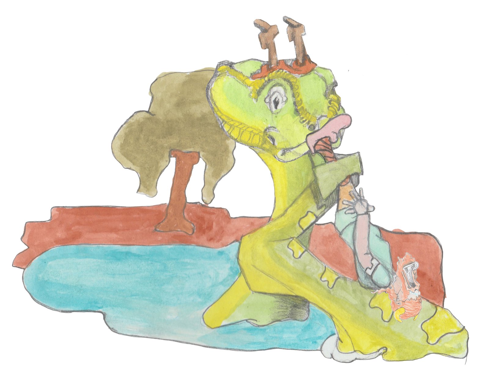 The Great Horned Serpent using Bjorn's horns upside down as a back scratcher.