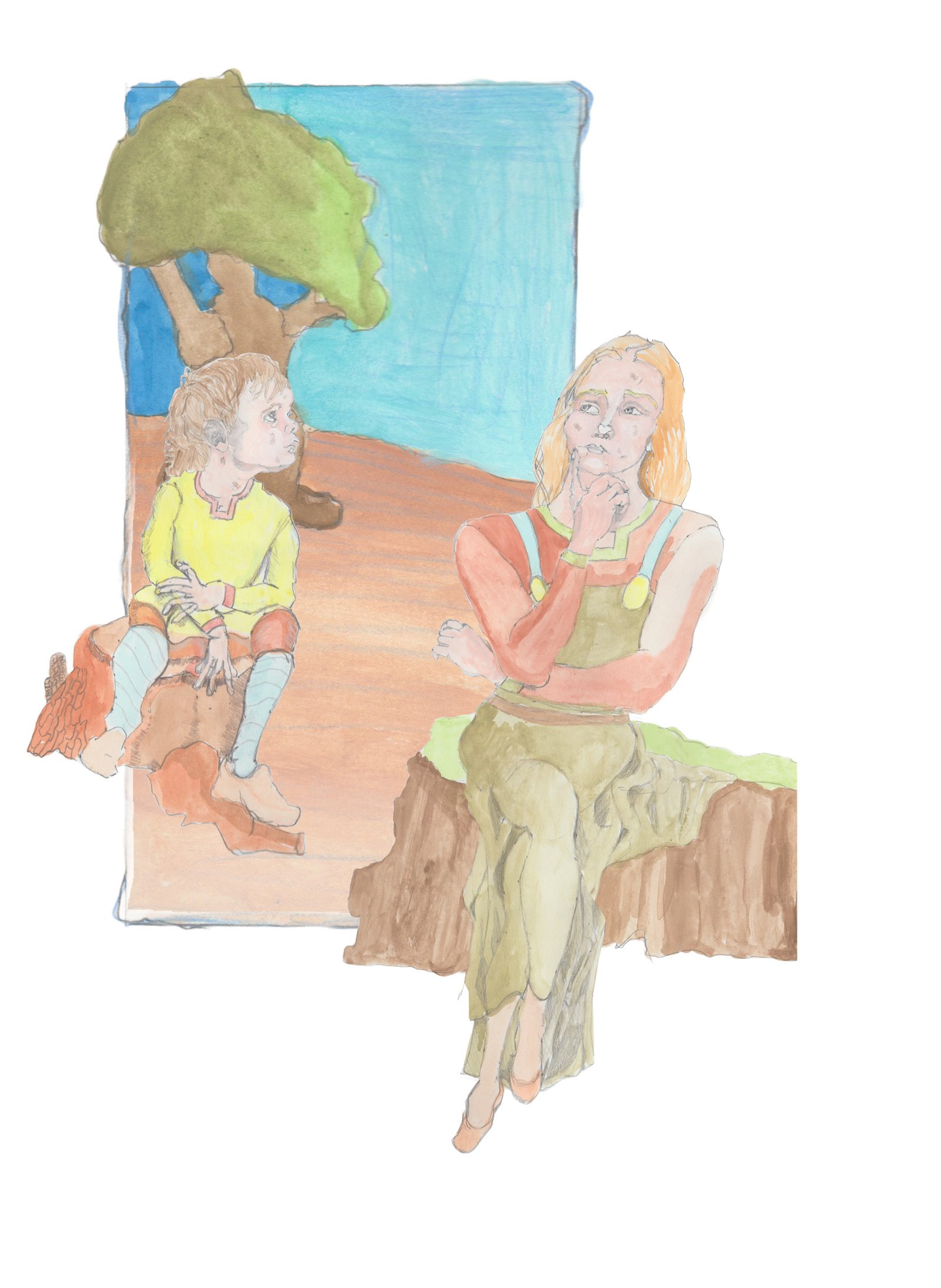 Cinder Ella and Ash Lad sitting on stumps in the woods.