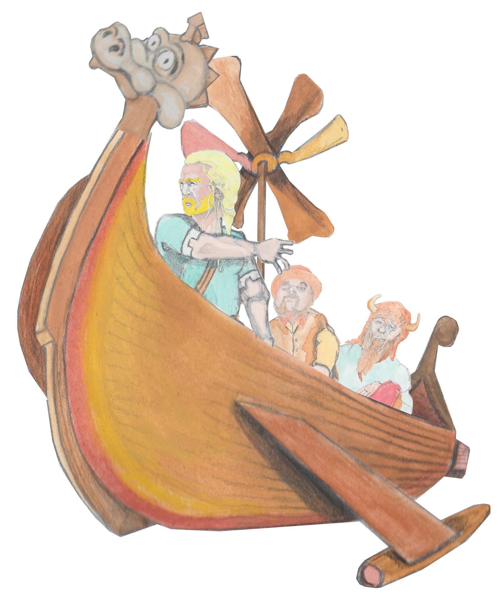 Ernest the Viking Ship flying away with a helicopter propeller, wings, and a friendly serpent face, with the three of them aboard looking more realistic than Ernest.