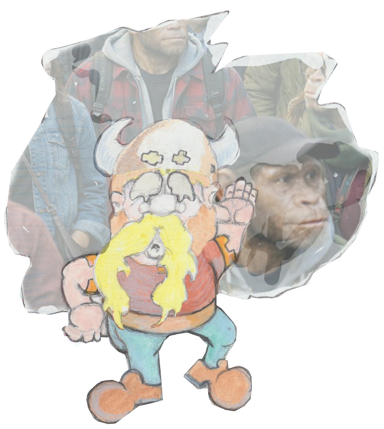 Sven and another bubble behind him with ancient humans in it.