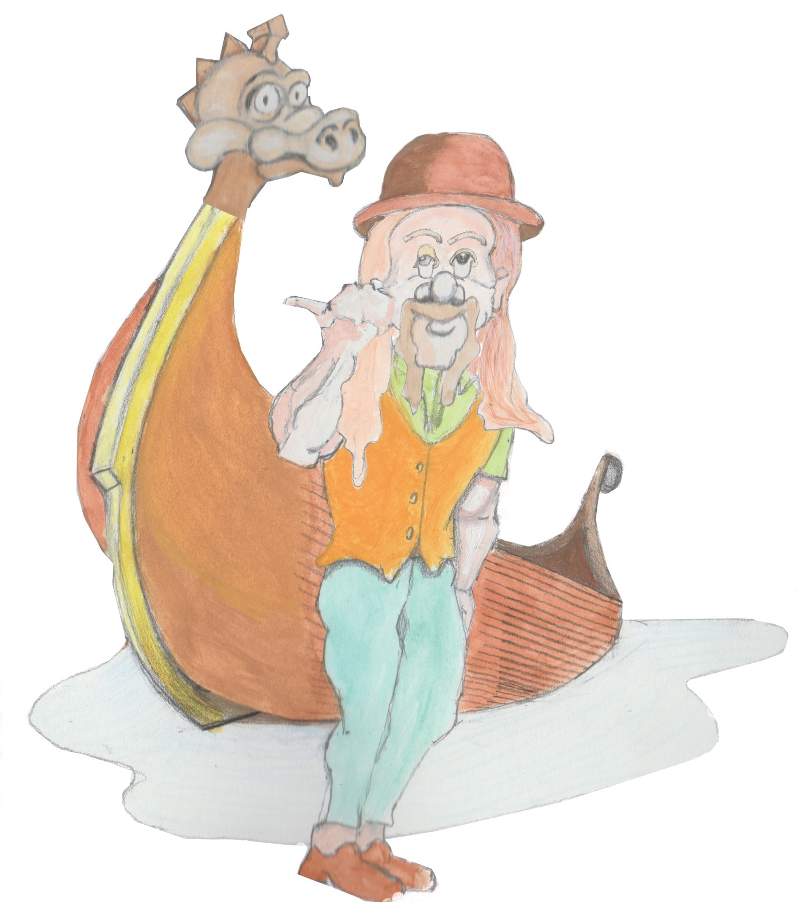 Hulton pointing over his shoulder at the Viking ship.