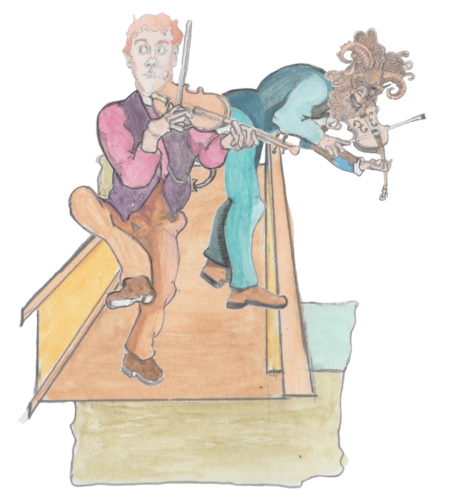 Sammy Buck on the bridge fiddling in front of the devil with his back to him as the devil plays too.