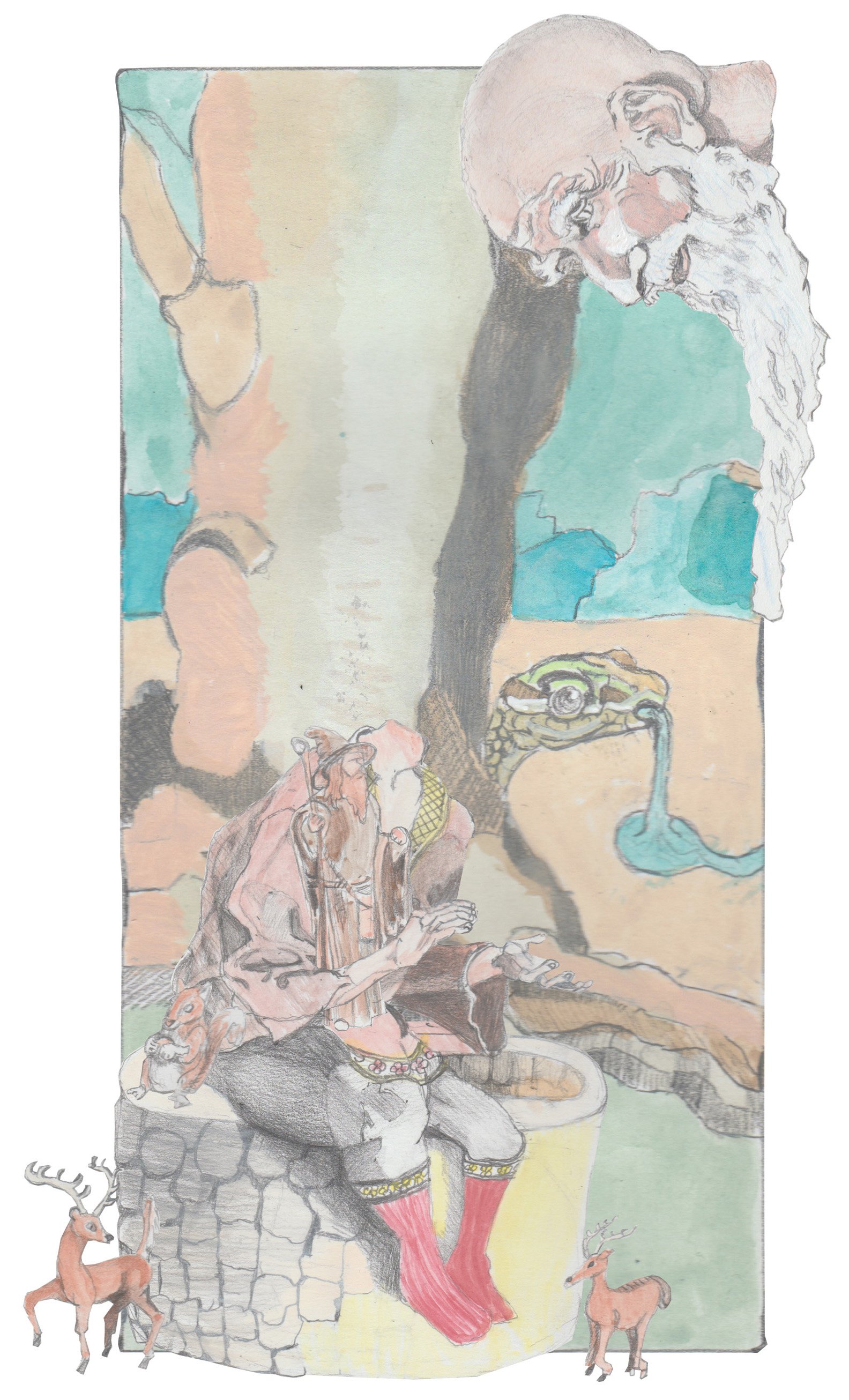 Mimir throwing hi head in the air sitting on the well in front of the world tree with littl edeer in front of him and a giant snake crawling about.