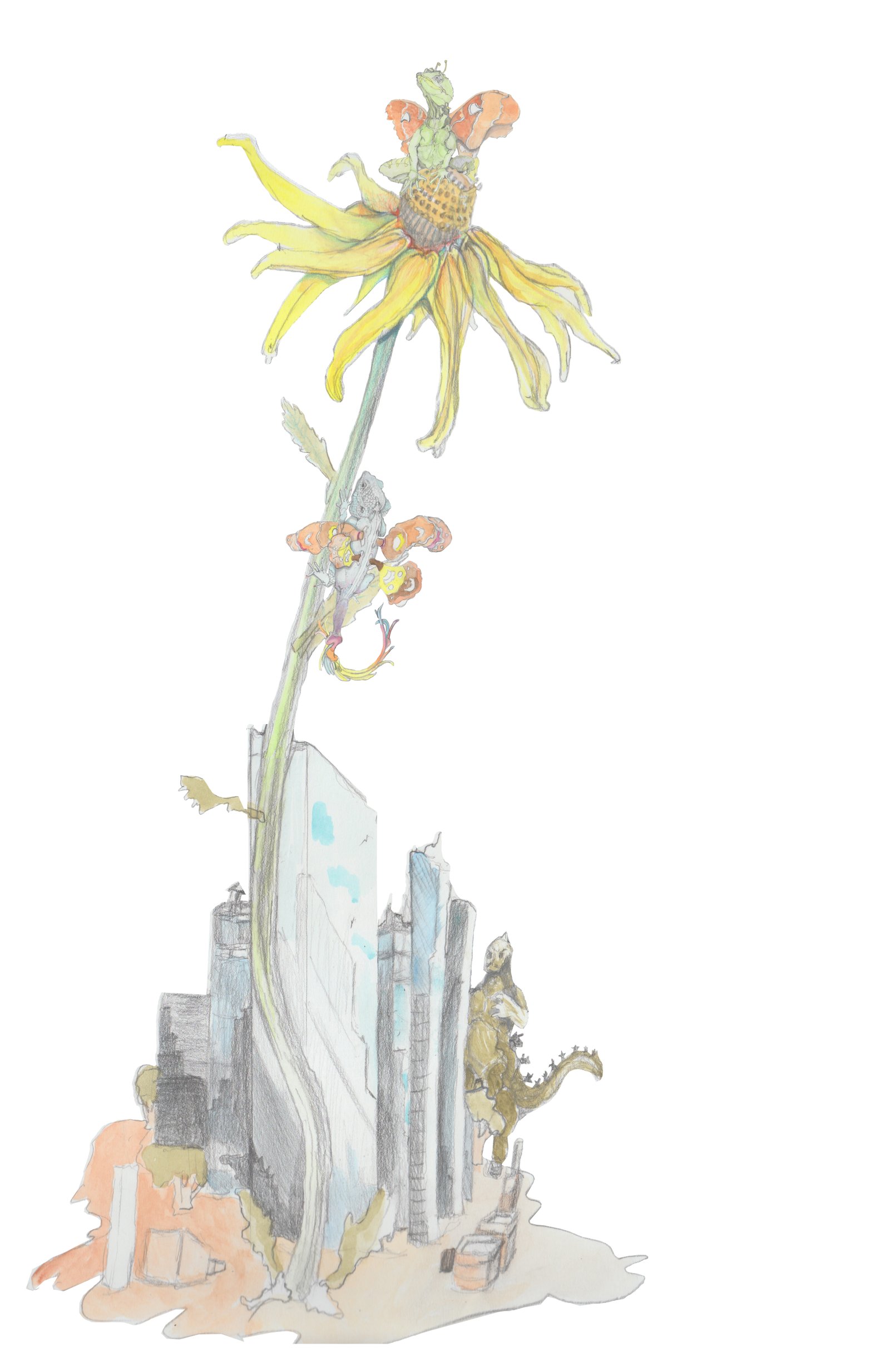 Dragons on giant flower standing over skyscrapers.