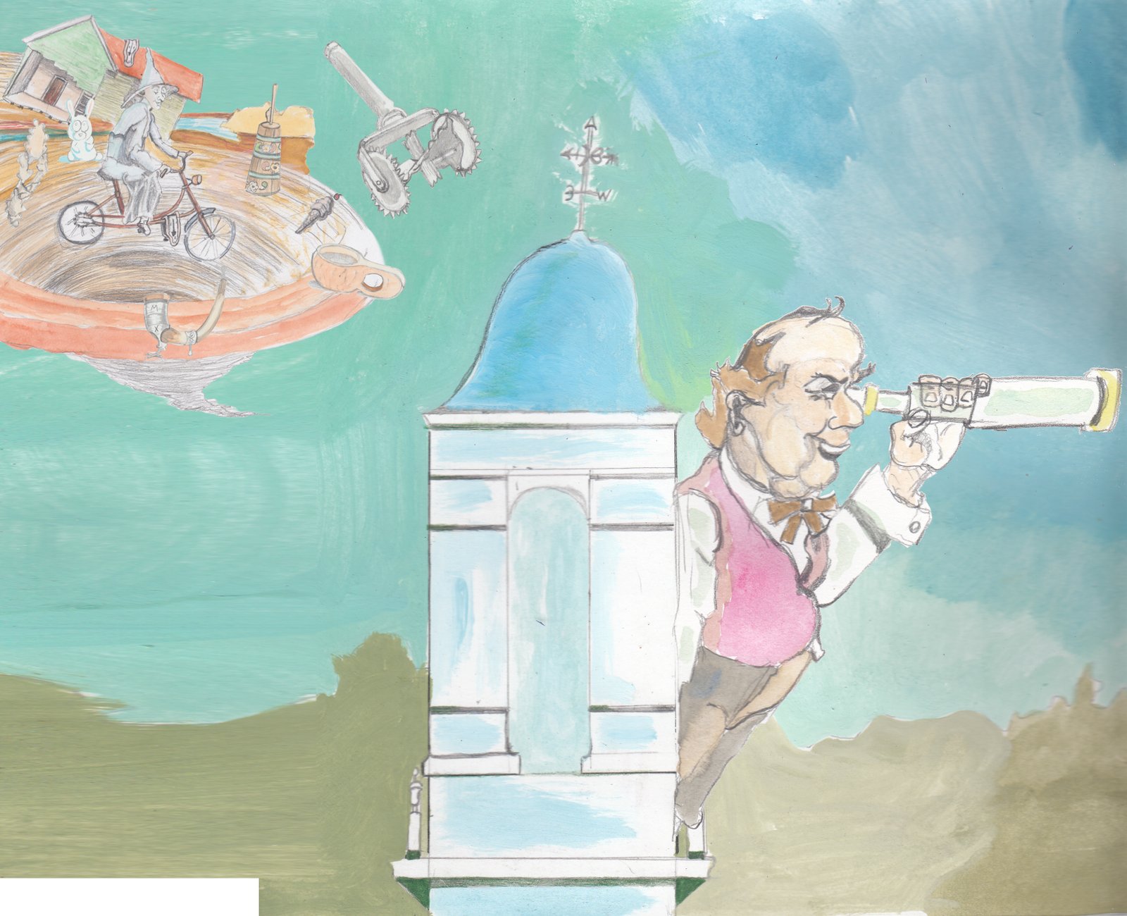 William Jennings Bryan looking through a telescope in the tower of a church with a tornado brewing out of Oz behind him. He was the basis for the Cowardly Lion.