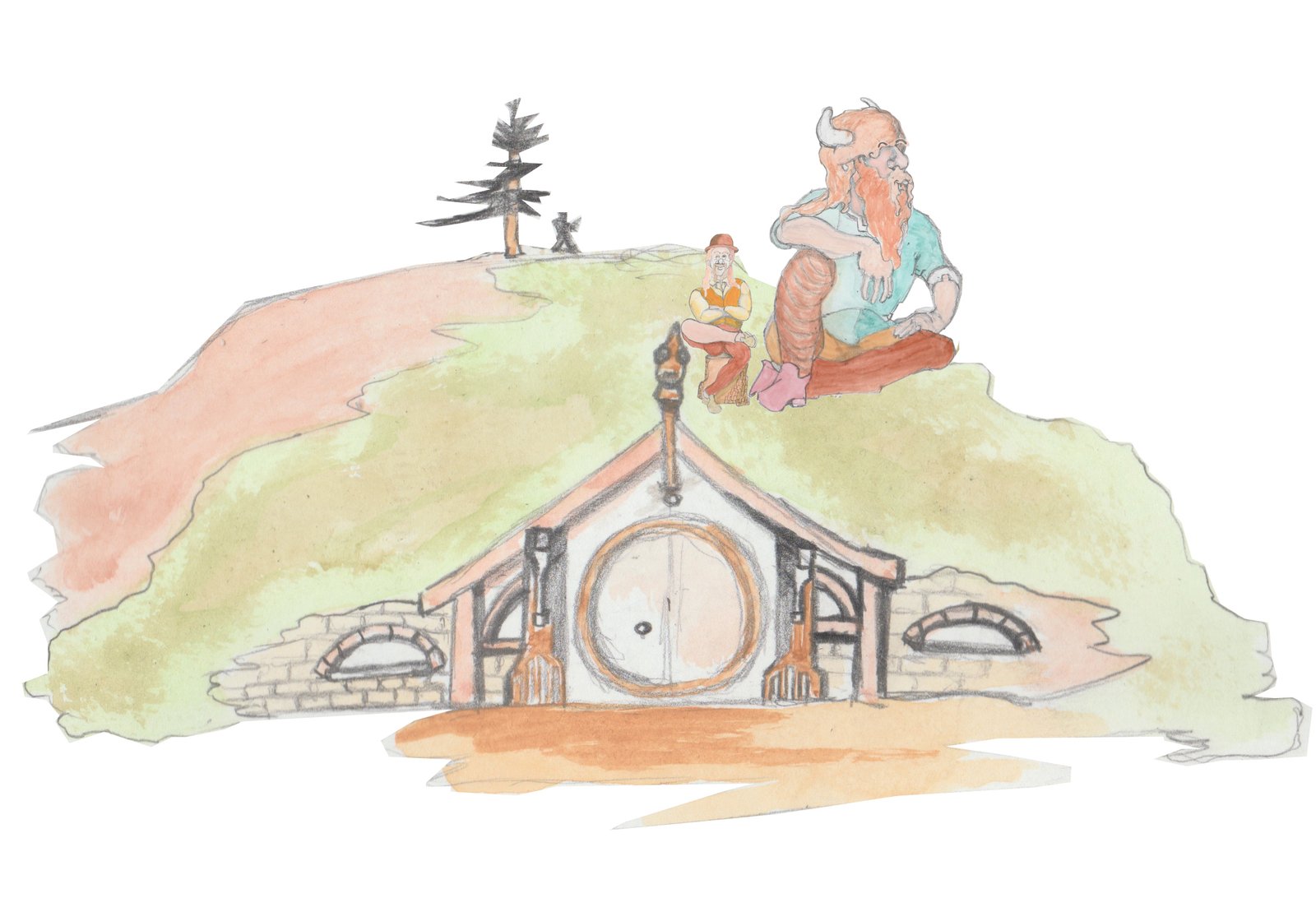 Bjorn and Hulton sitting on top of the Troll house that is built into a hill.