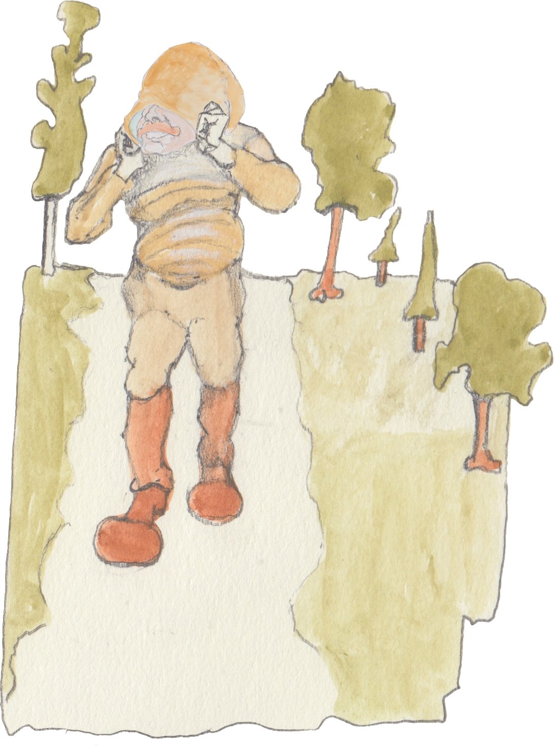 Karl walking in the woods with his fingers in his ears.