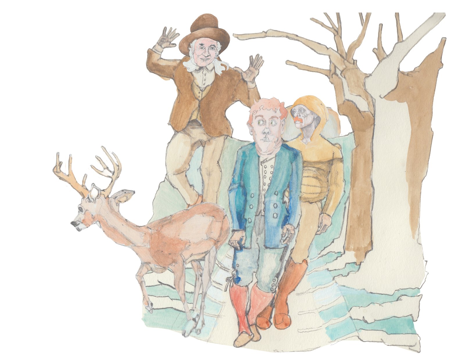 The gang walking within a tree canopied trail with the moon behind them in an eerie light..