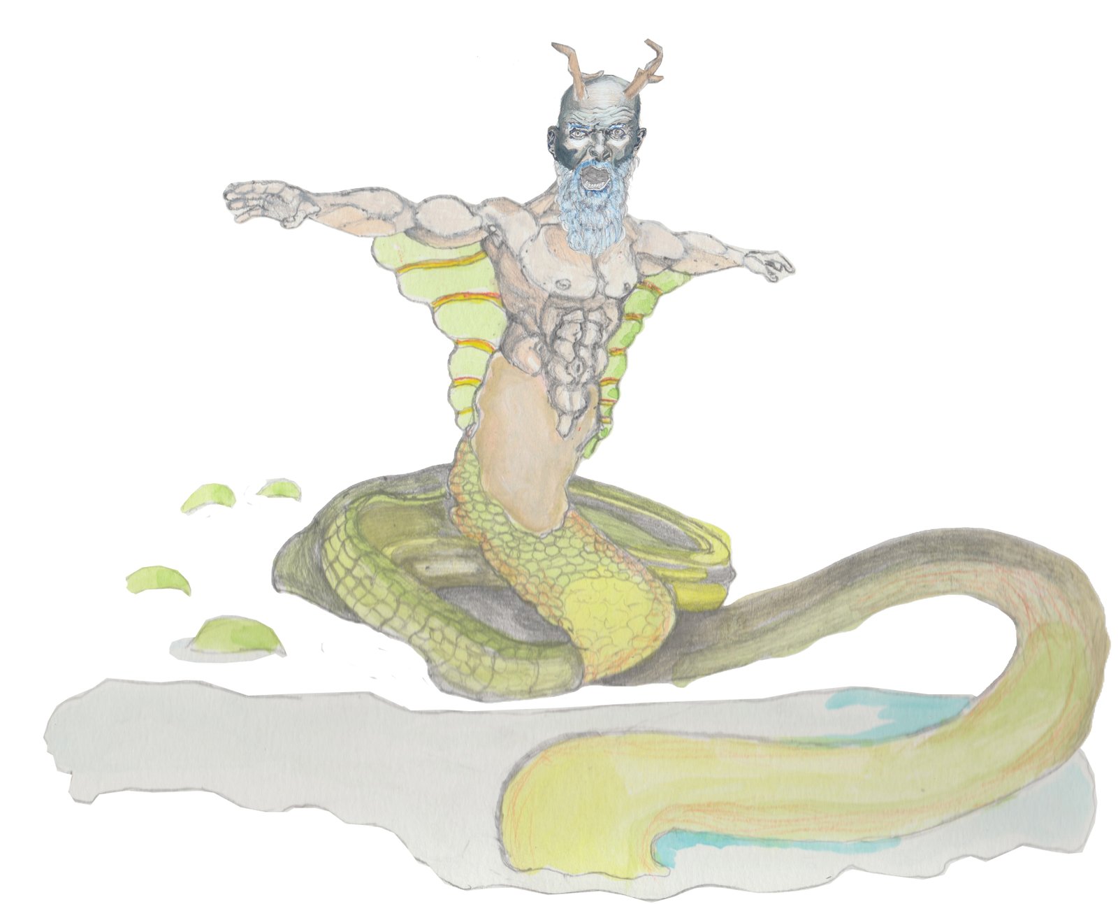 Dragon with human head and pronghorn antlers on a really long serpent body coming out of the water.