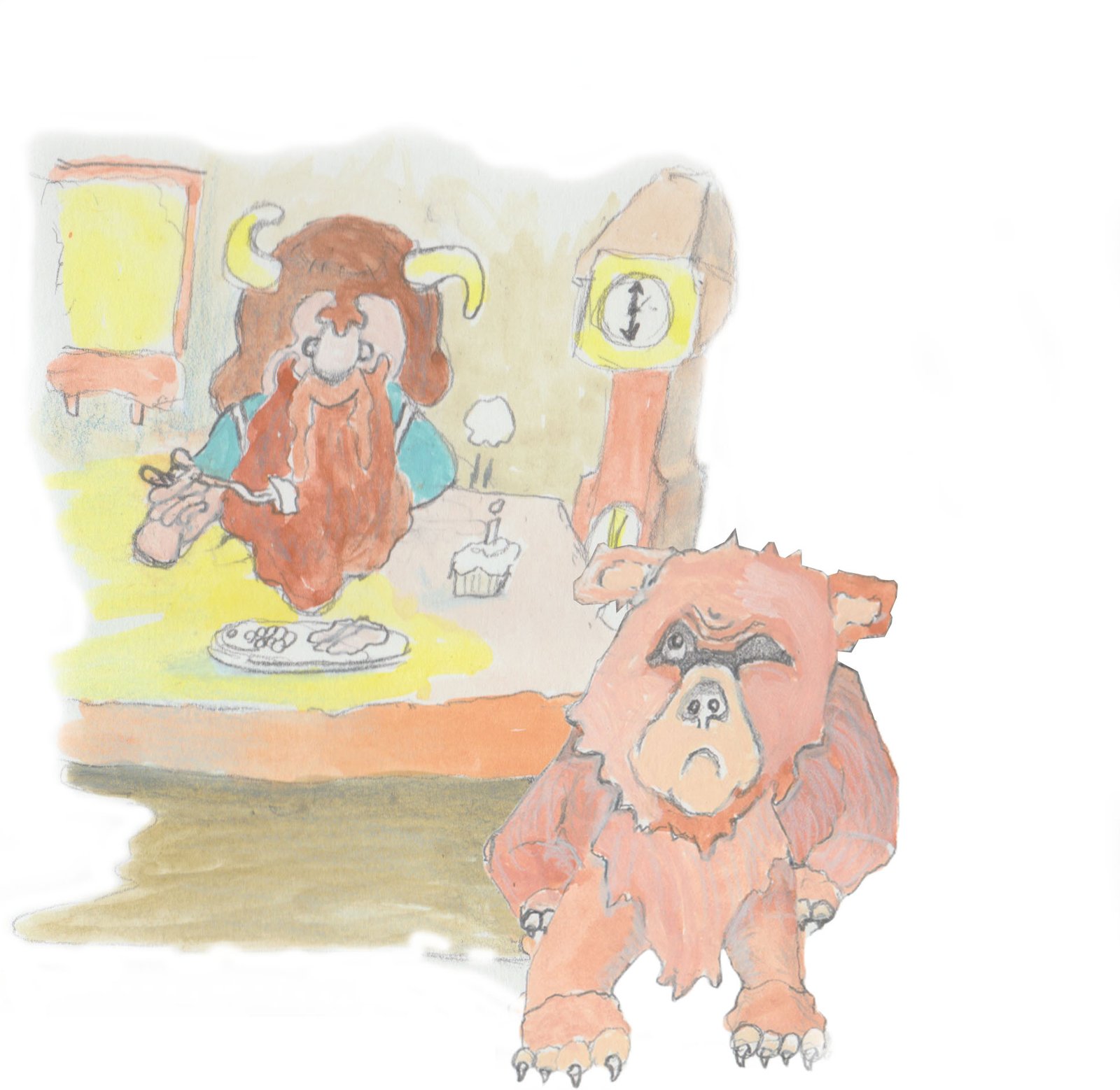 Gramps sitting at table with Bosco the bear under it