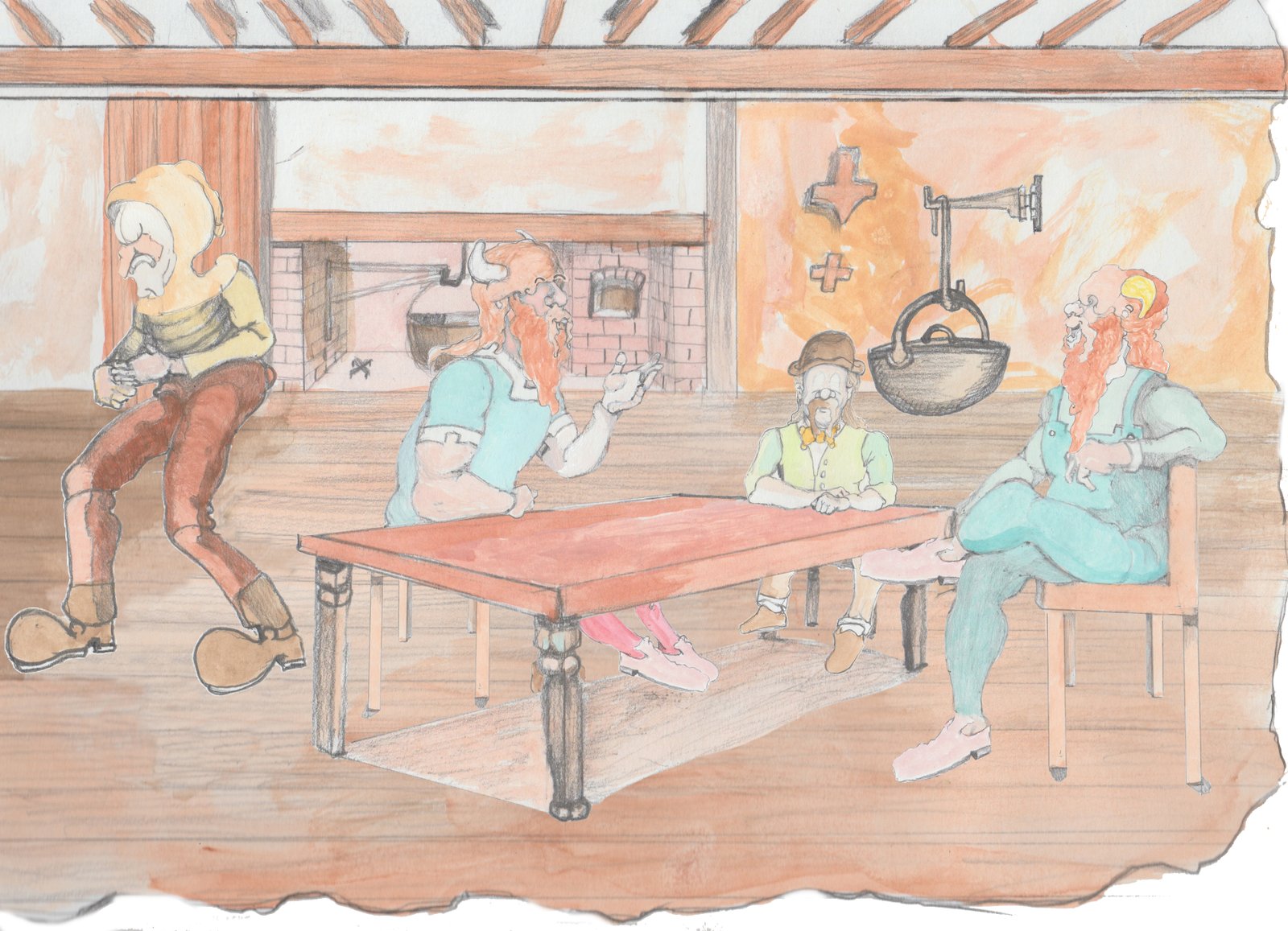 Karl sneaking away from Bjorn, Hulton, and Gramps at Kitchen table with cauldron in frieplace behind them.