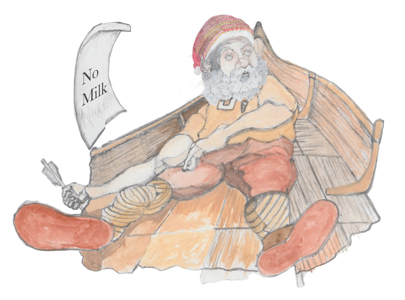 Viking with quill in hand made from the arrow in his chest, with a paper blowing in the wind that say no milk outside of the Viking hip.