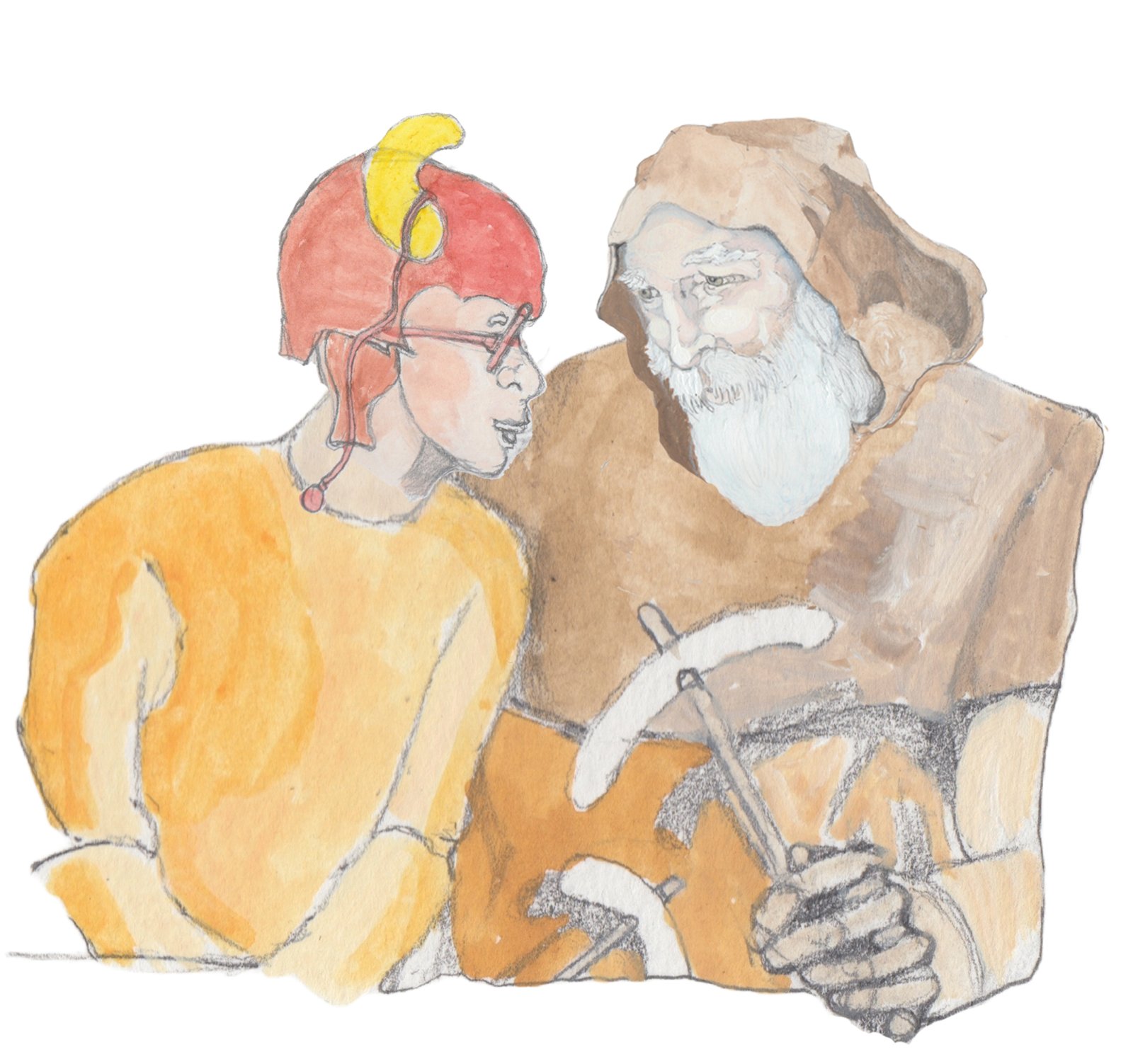 The Woodman and Angroboda talking and cooking sausages.