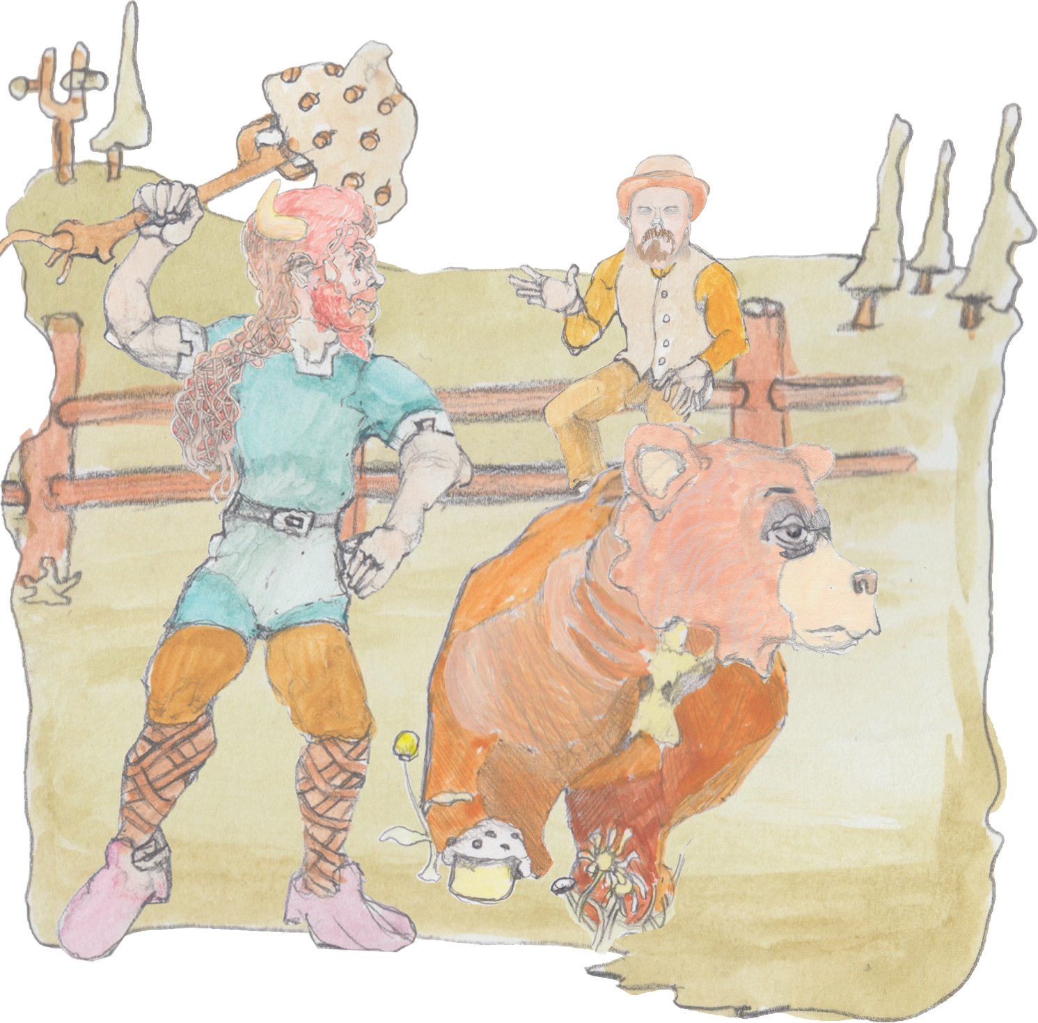 Hulton sitting on a fence watching a giant Bjorn throw a crub oak for a waiing Bosco the Bear to fetch.