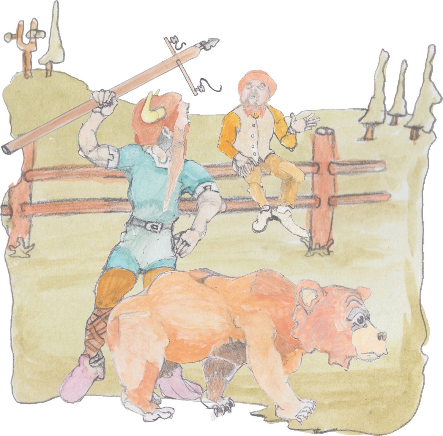 Bjorn throwing telephone pole with Boco waiting while talking to Hulton on a fence.