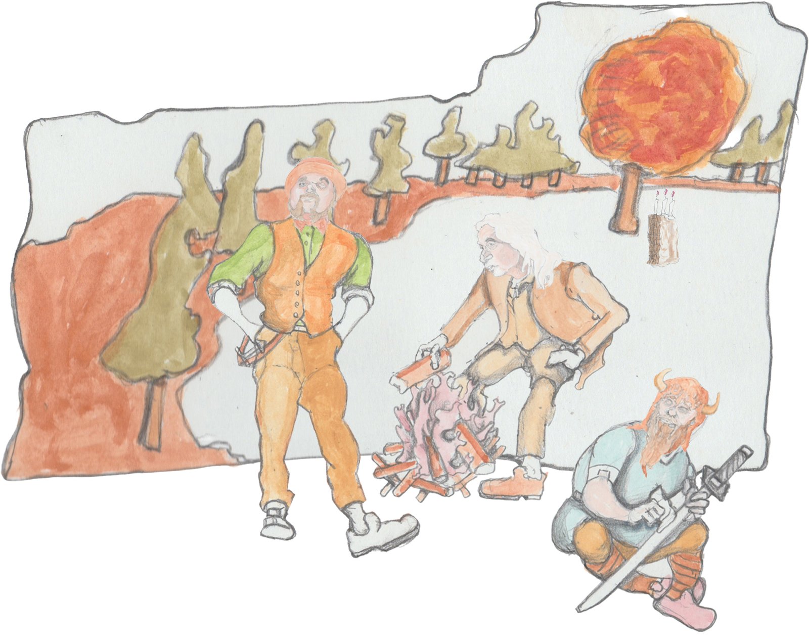 Angrboda with one hand on hip and the other pointing up with a tree behind her and forest further behind.