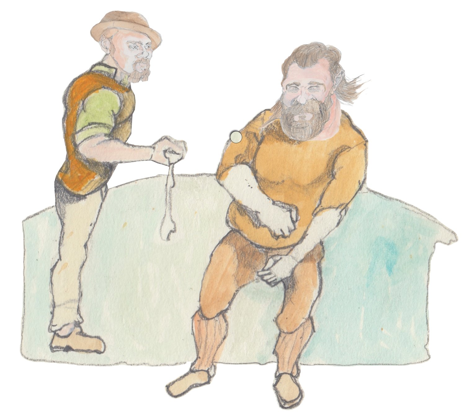 Hulton squeezing cheese and pretending it is a rock while bruni dodge a rock.