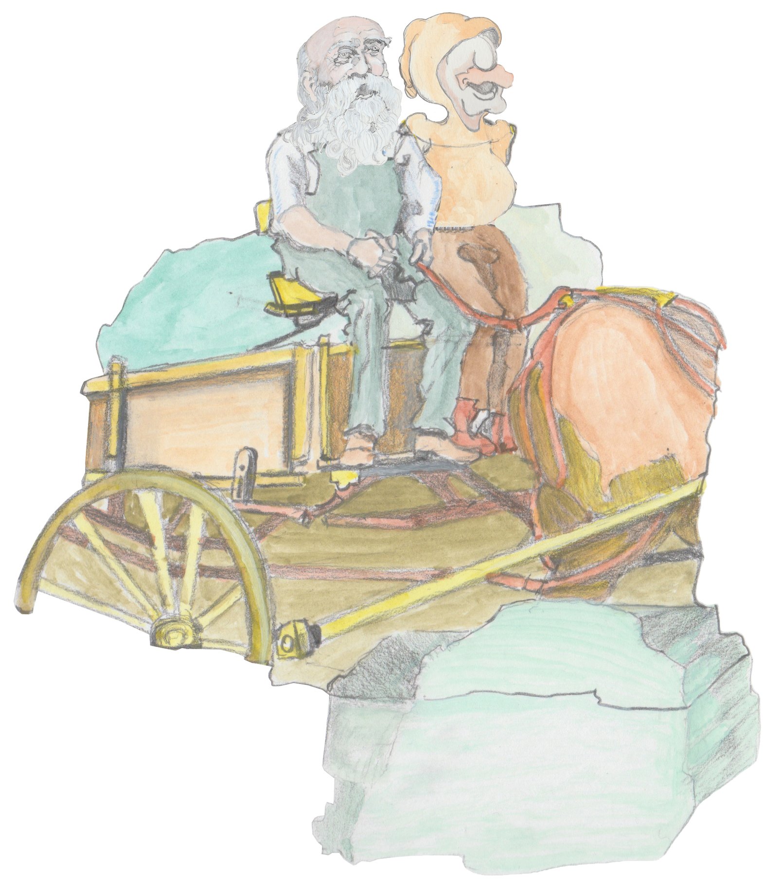 John Bowker Sr. and Karl in a wagon passing a boulder.