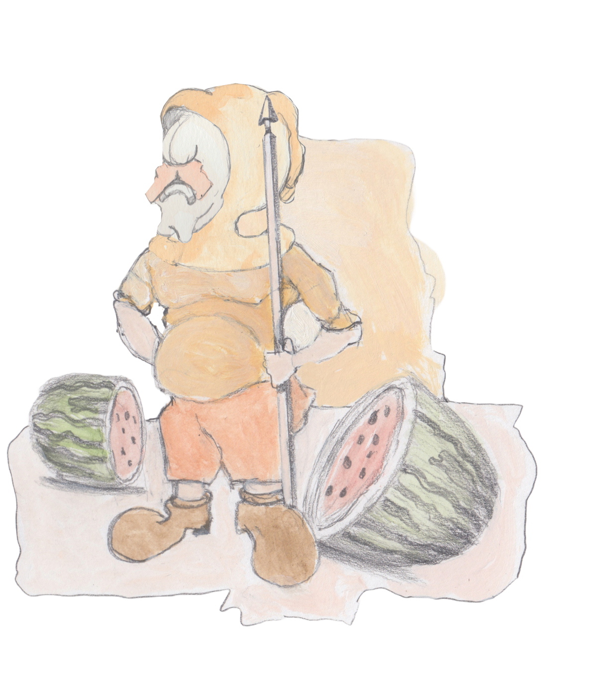 Karl looking triumphnat after slicing a melon with his now upright spear.