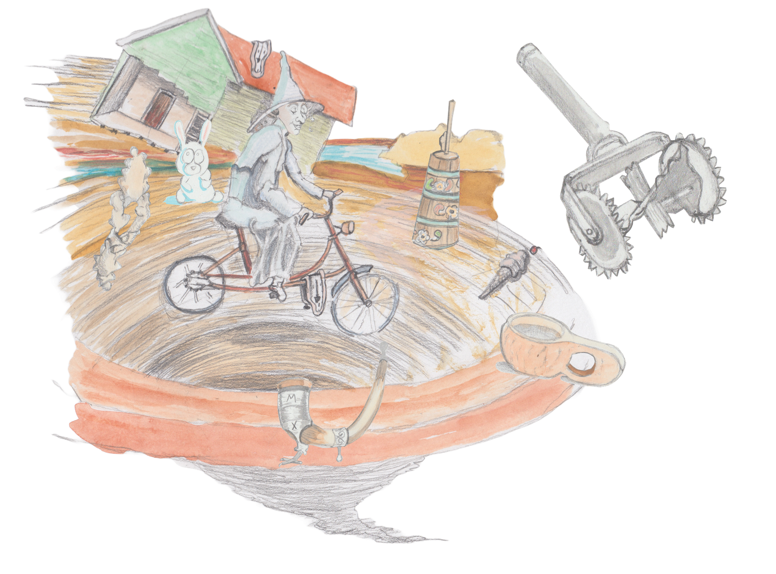 Tornado with witch in bike, Norwegian cookies, kitchen tool, ice cream cone, and a house with mlting clocks swirliong about over a lake and hills from a Dali painting.