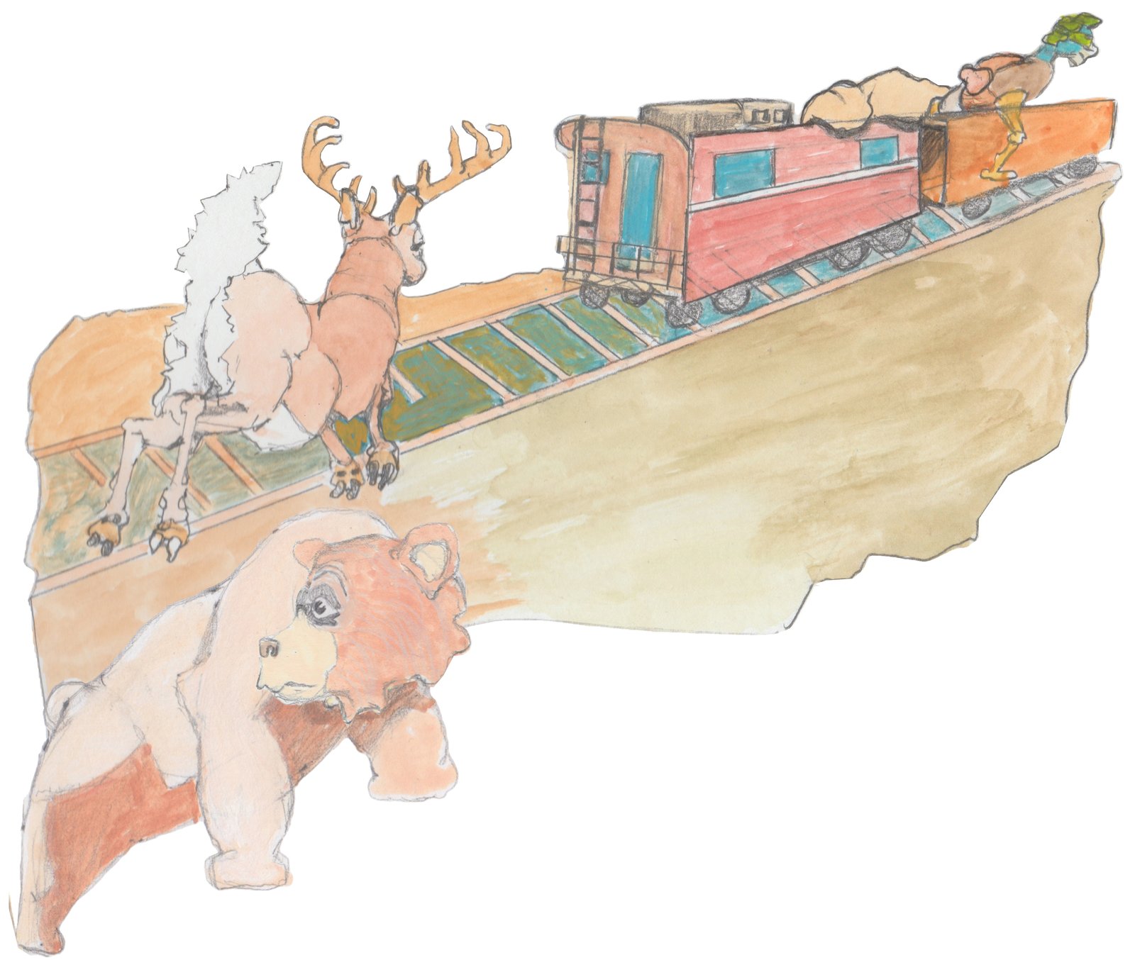 Nobbi the deer chasing train with Gast the Jersey Devil riding on top with Bosco looking back in mid chase.